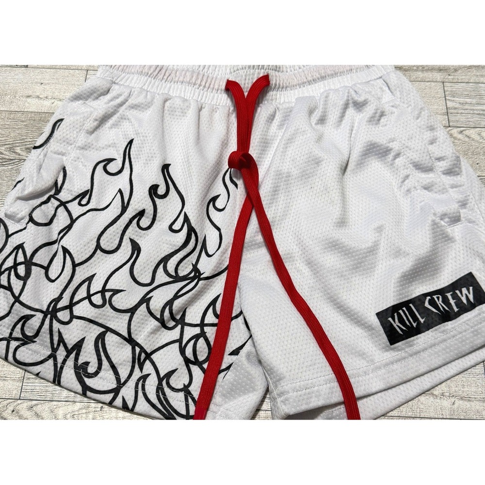 Kill Crew Mens White Mesh Flame Graphic Gym Athletic Shorts XS Red Drawstring